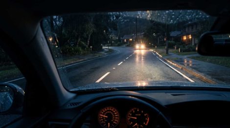 Ночное вождение: свет фар на мокрой дороге и встречный автомобиль